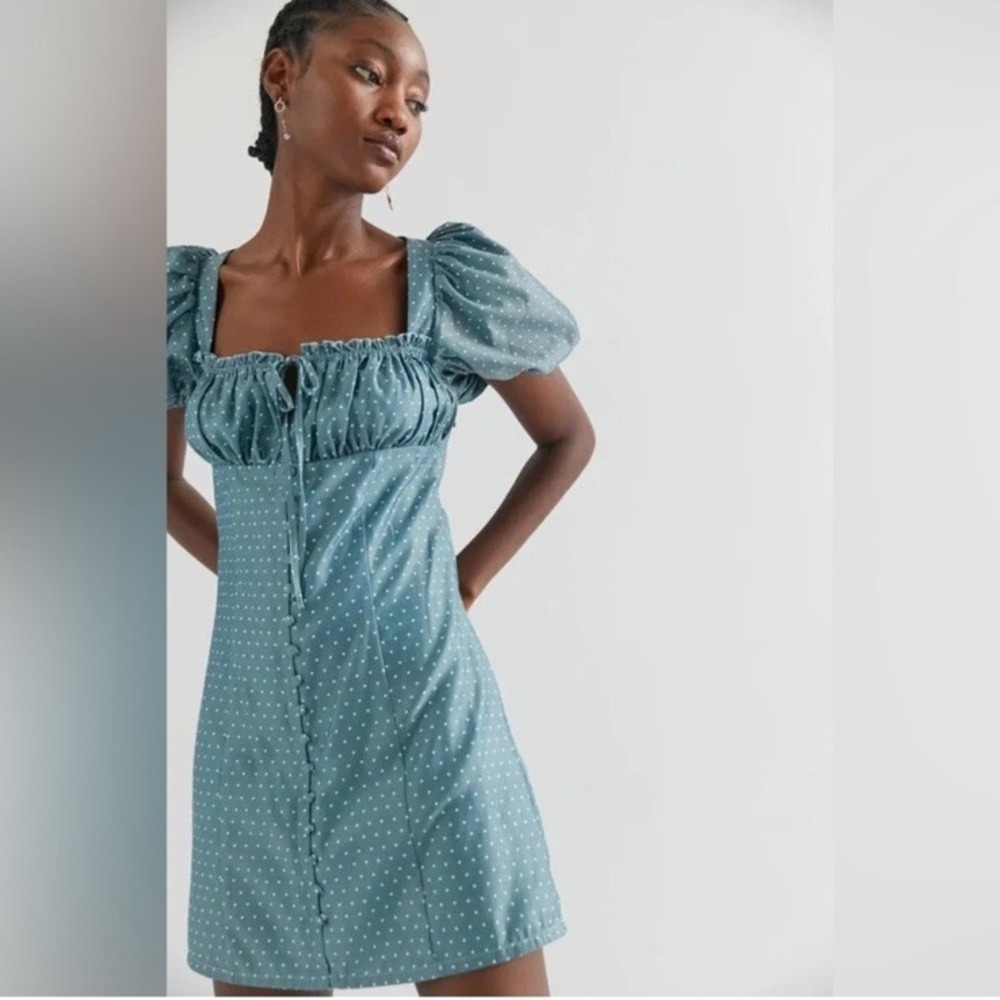 NWT‎ UO Urban Outfitters Eggie Dahli Mini Dress Blue Polka Dot Sz M Puff Sleeve